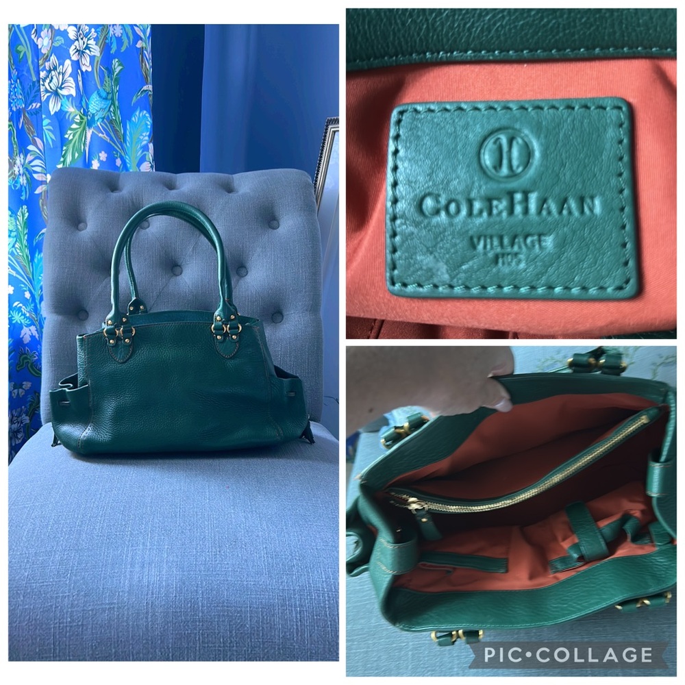 Cole Haan Forest Green Leather Satchel Shoulder Bag Orange stitching